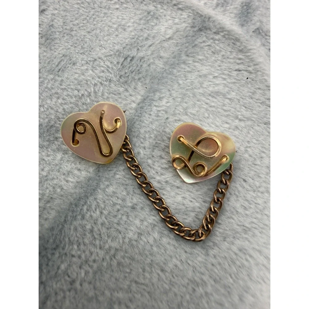 Vintage Brooch Lot Hearts Gold Tone Stuck Pin  Mother of Pearl Initial‎